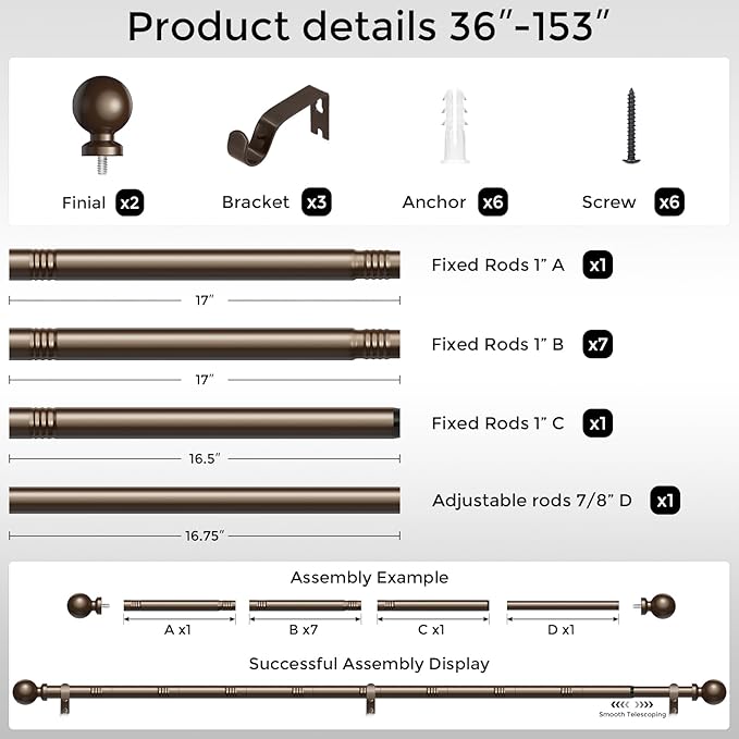 Extra Long Bronze Curtain Rod, 1 Inch Adjustable Heavy Duty Curtain Rods for Windows 72 to 144 Inch, Decorative Modern Window Treatment Rods, Splicing Metal Drapery Pole, Easy Installation