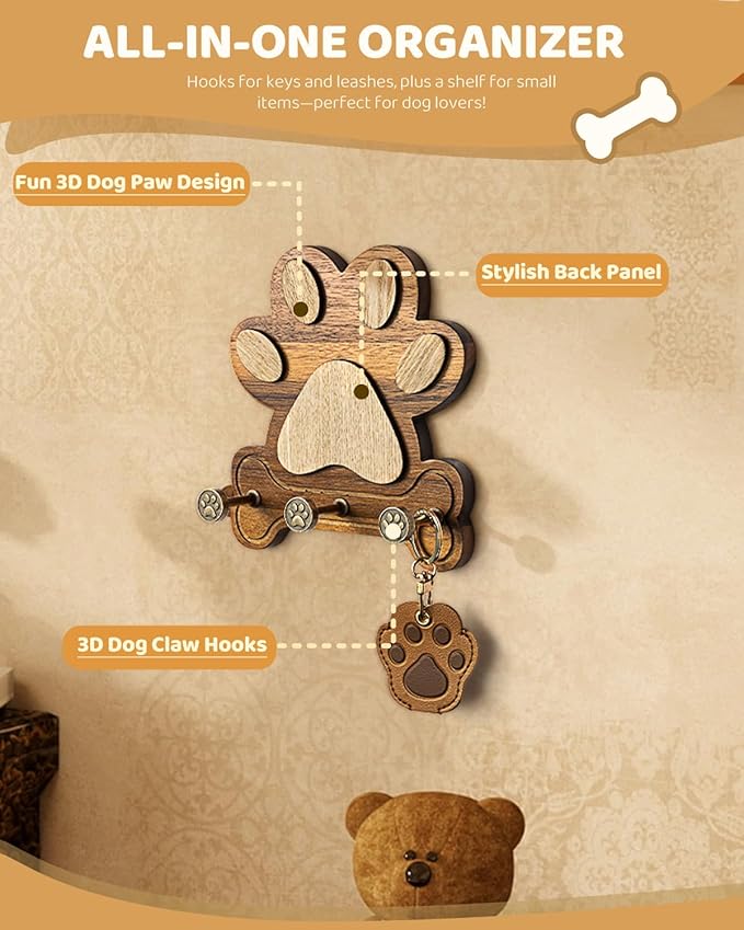 MTERSE Wooden Dog Leash Holder for Wall – Dog Leash Holder, Key Rack, and Coat Hanger – Rustic Farmhouse Wall Decor for Entryway Storage, Room Decor & Home Necessities(Acacia)