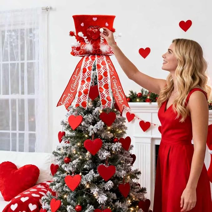 Valentine's Day Tree Topper Hat Decor, Valentines Day Heart Ribbon Bow Hat Decorations for Tree, Galentines Day Decorations Tree Ornaments, Valentine Velvet Heart Bow Hat, Valentines Gifts