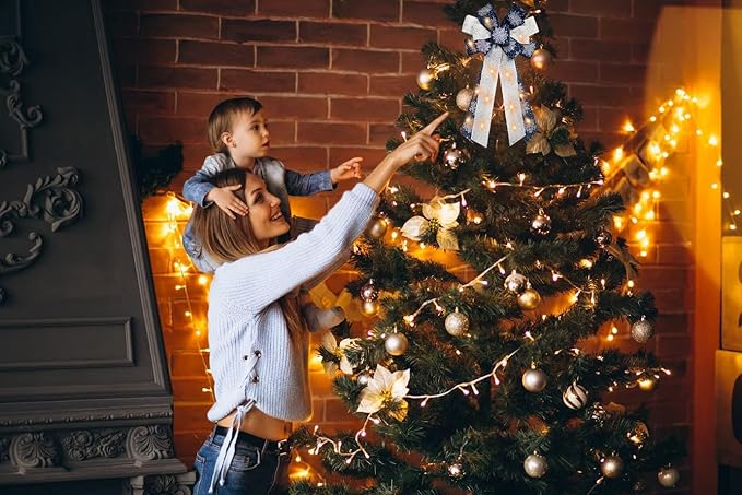 Hying Large LED Christmas Bows for Wreath, Merry Christmas LED Wreath Bow White Snow Burlap Bows with LED Lights Xmas Tree Topper Bows for Front Door Happy New Year Christmas Party Decoration Supplies