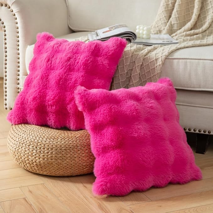 Yaertun Pack of 2 Hot Pink Thick Soft Wool Decorative Throw Pillow Covers 26x26 Inch Faux Fur Plush Fluffy Cushion Covers for Sofa Couch Bedroom