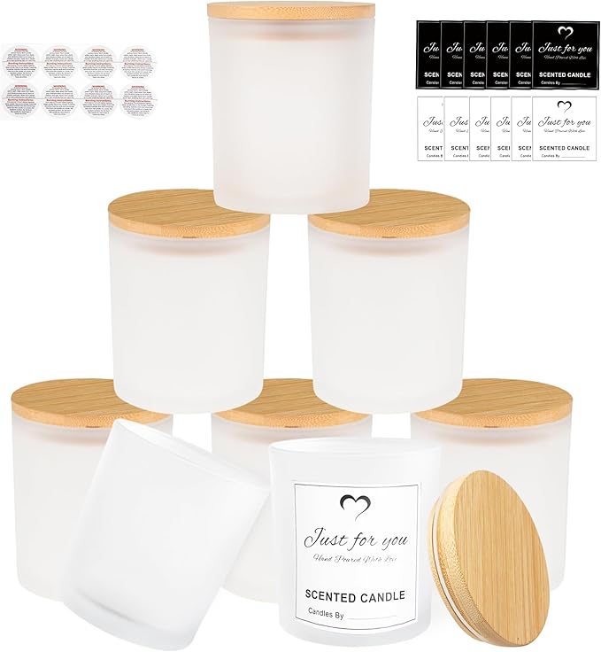CONNOO 8 Pack 14 OZ Frosted Glass Candle Jars with Bamboo Lids for Making Candles, Large Size Empty Candle Tins with Sticky Labels - Leakproof & Dishwasher Safe.