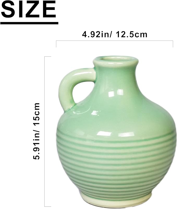 Sunddo Green Ceramic Vase 6 Inch - Small Modern Decorative Vase with 1 Handle for Home Decor, Boho Decor, Room, Bathroom, Living Room, Kitchen, Office