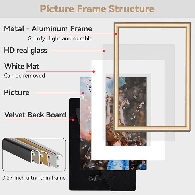 8x12 Picture Frame Set of 4, Matted Brass Simple Modern Brushed Thin Aluminum Metal Photo Frame Fits 6x8 with Mat or 8 x 12 without Mat Vertical and Horizontal for Tabletop and Wall Mounting