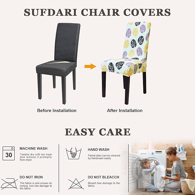 Sufdari Dining Chair Covers,Kitchen Chair Cover,Parsons Chair Slipcover,Spandex Chair Protectors for Dining Room Stretch Chairs Cover Set of 4 -Green Leaves