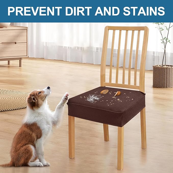 Smiry Waterproof Seat Covers for Dining Room Chairs Set of 8, Stretch Jacquard Removable Washable Chair Seat Slipcovers Protector, No Rear Covers, Light Chocolate