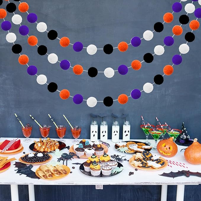 Halloween Pom Pom Garland Halloween Decorations 3pk Orange Purple Black White Felt Ball Garland Cute Hanging Decor for Room Home Office Classroom Wall, Fall Wedding Birthday Party Decorations Supplies