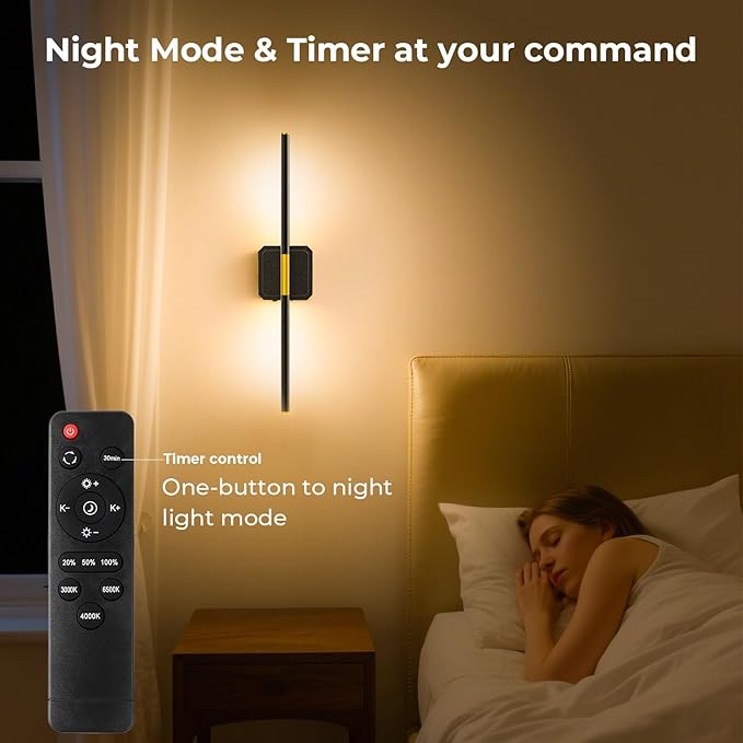 Battery Operated Wall Sconce Detachable 360°Rotate, Wireless Wall Lamp 3000-6500K Dimmable, 10000mAh Rechargeable Wall Light for Bedroom, Living Room，28" Black Gold（4 Pack