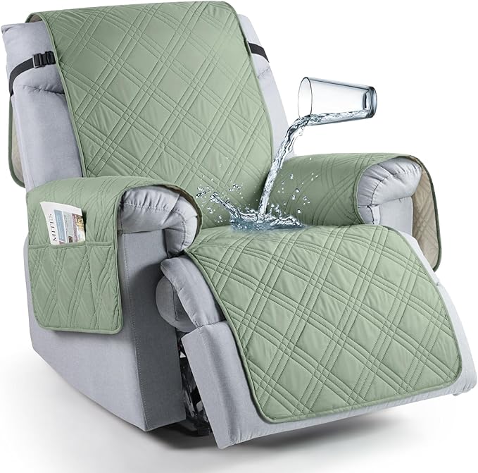 TAOCOCO 100% Waterproof Recliner Chair Covers, Non Slip Recliner Covers for Recliner Chair with Pocket, Washable Reclining Chair Cover Furniture Protector for Kids,Dogs(25'', Sage Green)