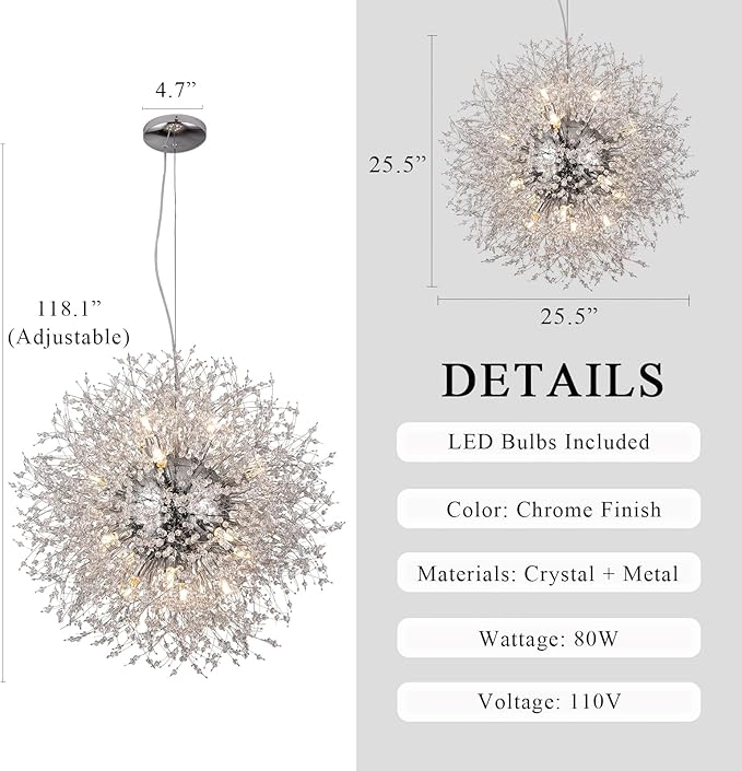Modern Crystal Chandeliers, Dandelion Beaded Lighting, Sputnik 16-Light Chrome Hanging Lamp, Round Firework Pendant Light for Dining Room Living Room Kitchen Island Bedroom (Chrome, D25.5inch)