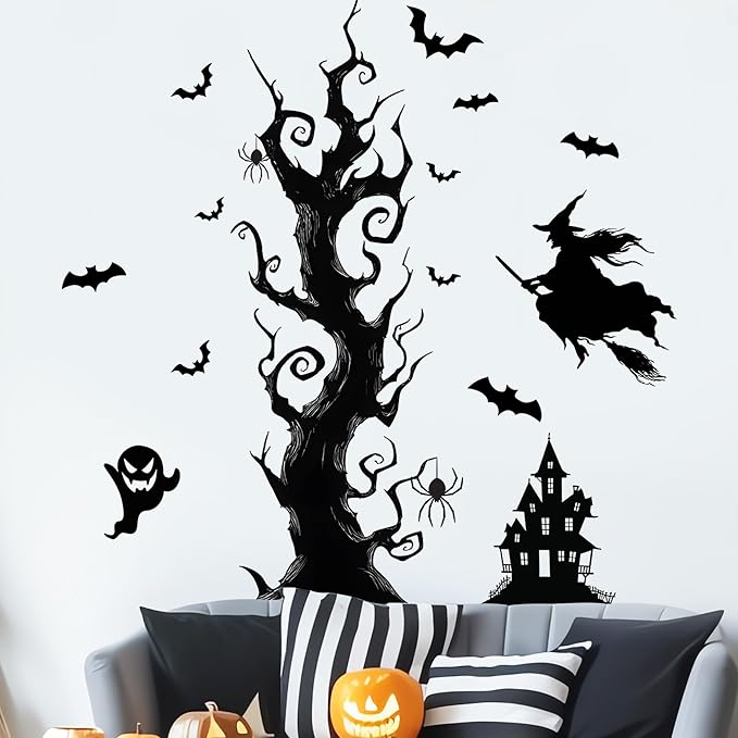 Halloween Wall Decals,Peel and Stick Halloween Theme Decor Stickers,Removable Vinyl Spooky Scary Face Wall Sticker for Holiday Party Decor. (Haunted House Creepy Tree Bats Wall Decals)