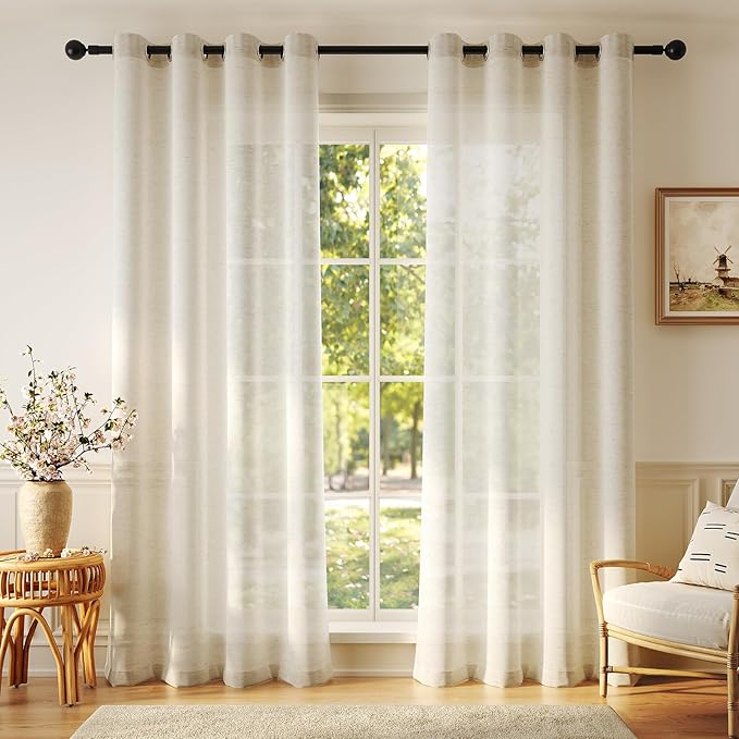 Anmao Flax Linen Curtains for Living Room 90 Inch Length 2 Panels Set, Light Filtering Sheer Window Curtain Drapes for Bedroom with Nickel Grommet, 52 Inch Wide Each Panel, Natural Color
