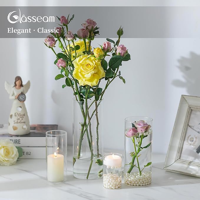 Glasseam Cylinder Vases Set of 12, Hurricane Candle Holder Clear Assorted Sizes, Modern Glass Cylinder Vase, Glass Vases for Centerpieces for Home Decor Wedding Centerpieces, Events, 6''+7.8''+10''