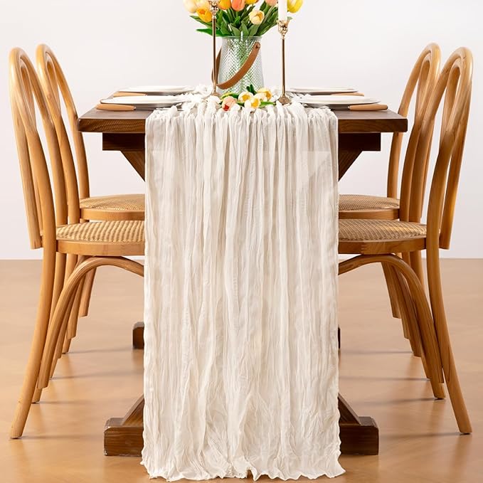 Ivory White Cheesecloth Table Runner 3pcs Valentine's Day Cream Boho Gauze Spring Table Runner 22×120 inches 10FT Table Decor for Farmhouse Wedding Baby Shower Birthday Party Ceremony