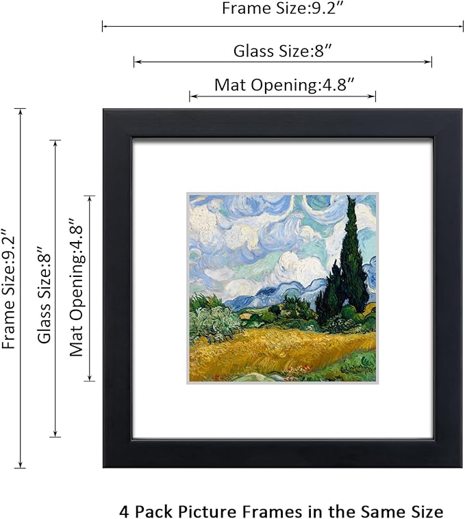 8x8 Picture Frame Set of 4 Made of Solid Wood Photo Frame with Real Glass for Pictures 5x5 with Mat or 8x8 Without Mat, Wall Mount or Tabletop Gallery Photo Frames in Black