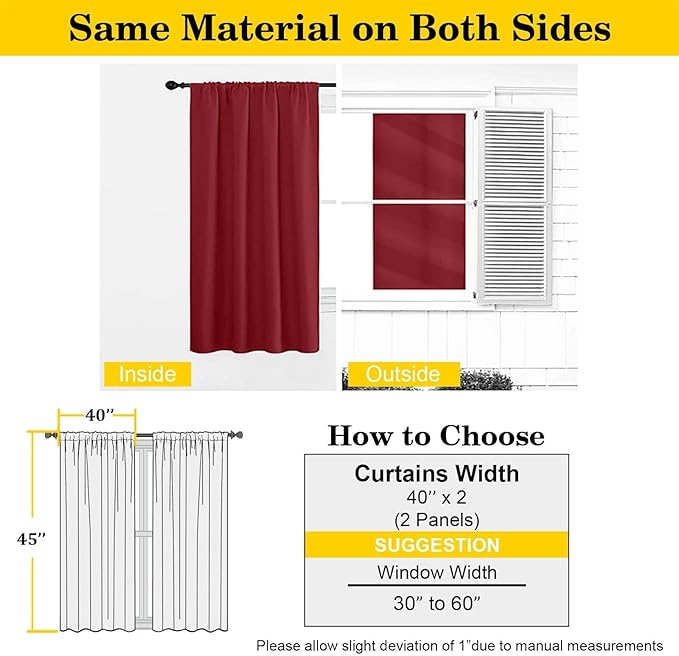 Red Room Darkening Curtains for Bedroom Living Room 45 Inch Length 2 Panels Set, Soft Solid Thermal Insulated Rod Pocket Short Curtains Drapes, Red, 2PCS Each 40" Wx45 L