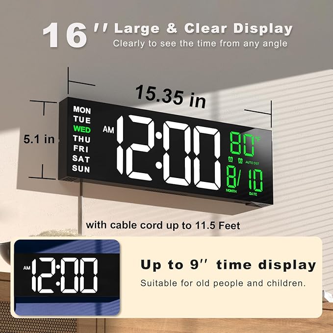 JALL 16" Large Digital Wall Mount Clock, Count Down Timer, Alarm, Big LED, RGB Color, DST, Temperature for Living Room Classroom Desk, Xmas, Birthday Gift for Senior Mom Dad (White Green, 16 inches)