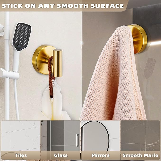 Suction Cup Hooks for Shower - Bathroom Reusable Hooks for Towels, Robes & Loofah - No-Drill Mounting on Kitchen,Walls,Metal,Glass,Mirrors,Tile & Smooth Non-Porous Surfaces (2, Brushed Gold)