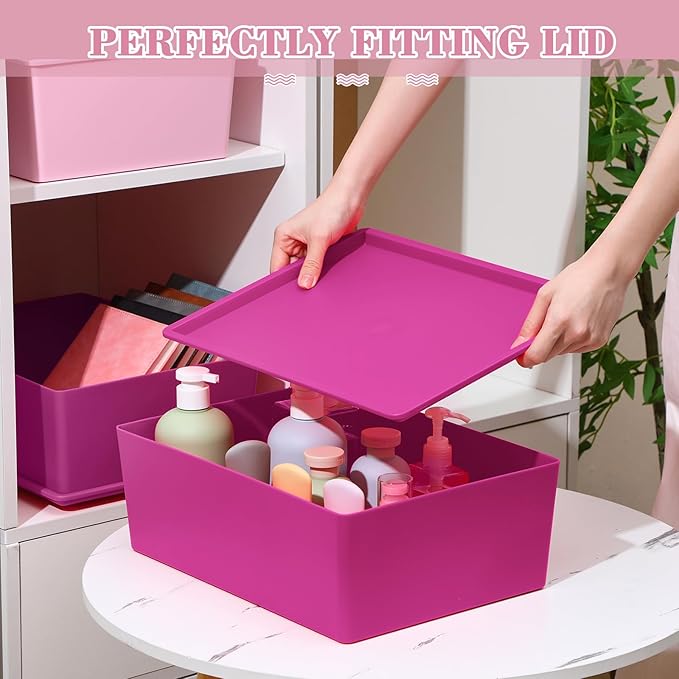 Menkxi 4 Pcs Storage Bins with Lids Plastic Stackable Containers for Organizing Shelves Christmas Ornament Box Baskets(Dark Pink, Light Pink,Large)