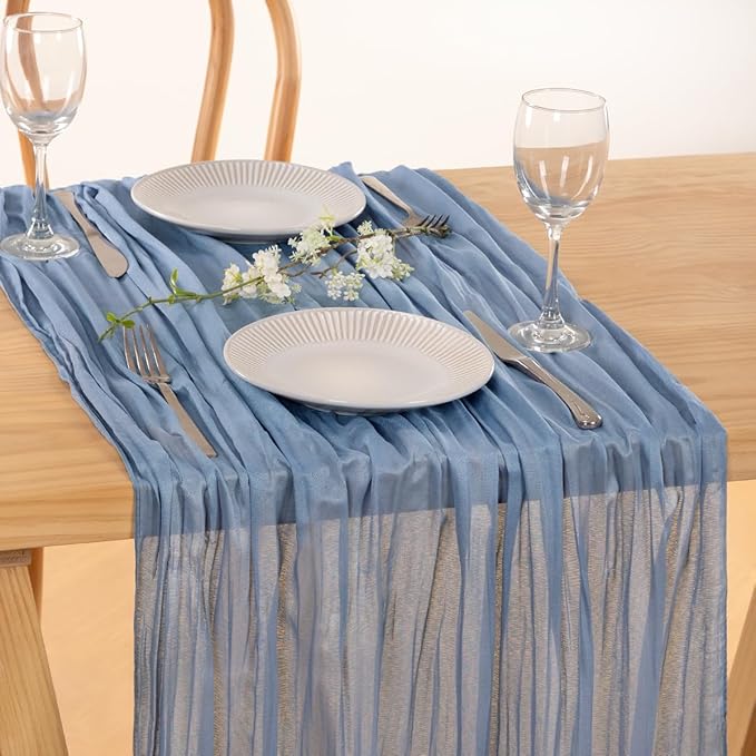 MLMC 8 Pack Dusty Blue Table Runner 10ft Boho Gauze Cheesecloth Table Runner 35x120 Inches Rustic Cheese Cloth Centerpiece for Wedding Bridal Shower Baby Shower Party Decor