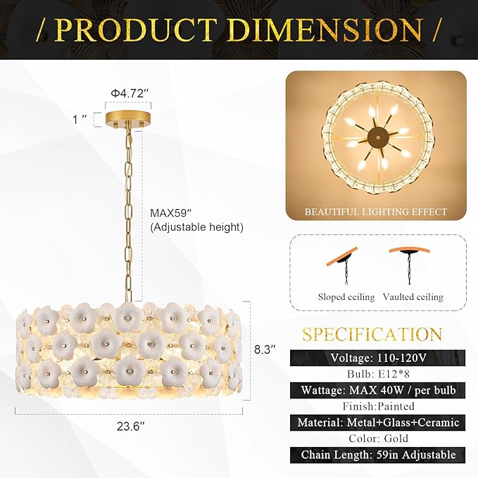 Modern 24" Flower Glass Chandelier Luxury Gold 8 Lights Ceiling Pendant Light Fixture for Living Dining Room Foyer Entryway Kitchen Bedroom, E12