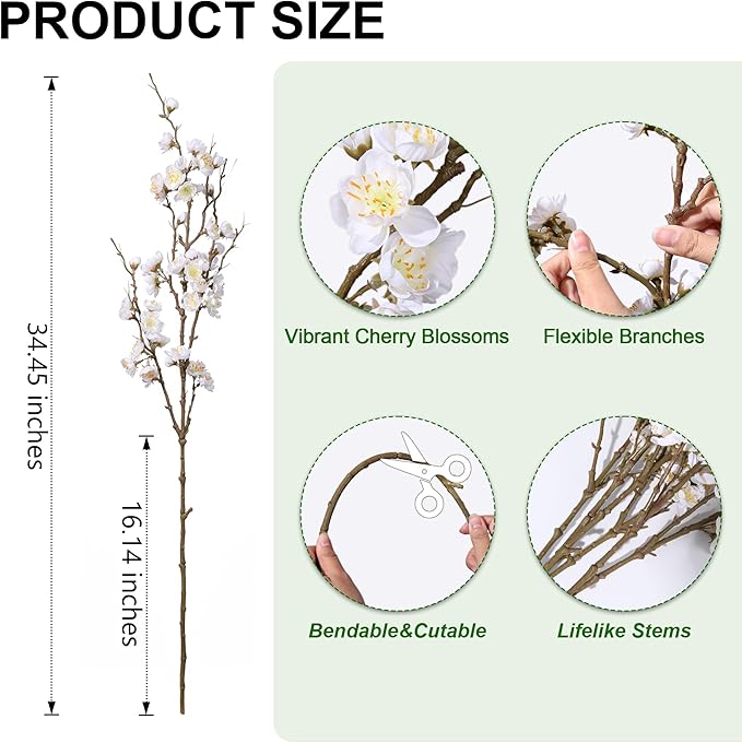 6 PCS Artificial Cherry Blossom Branches Spring Indoor Decoration, Faux Flowers 34.45" Long Stems Plum Fake Peach Plants Real Touch Silk for Wedding Home Bedroom Party Table Office, White