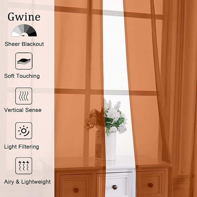 Gwine Sheer Curtains 72 Inches Long 2 Panels for Front Door, Light Filtering Fall Sheer Curtains for Living Room, Lightweight Rod Pocket Window Treatments Drapes, Each 42 Wx72 L, Burnt Orange
