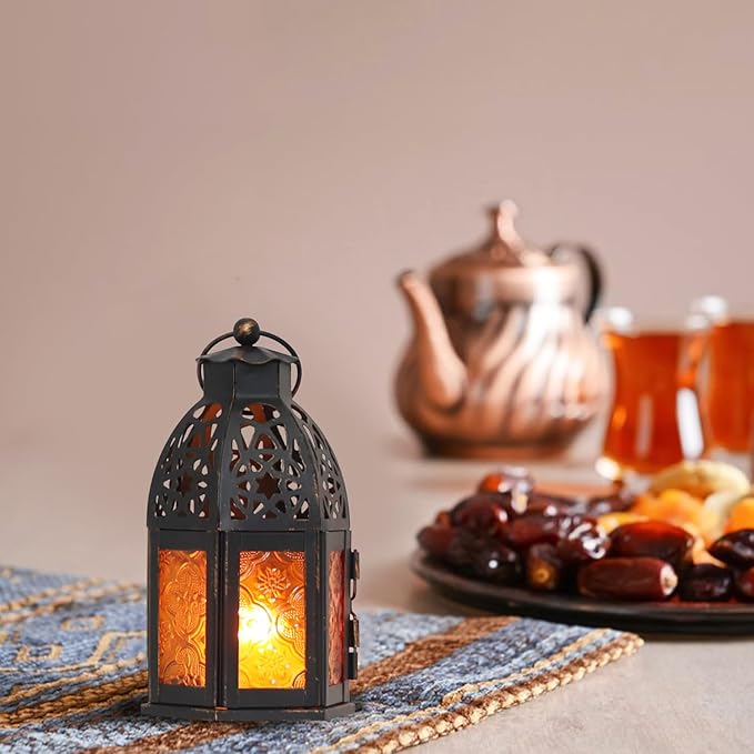 DECORKEY Decorative Moroccan Candle Lantern,9’’ Metal Hanging&Tabletop Lantern Candle Holder Decor, Halloween Christmas Ramadan Decorations for Home Indoor Outdoor Patio (Amber)