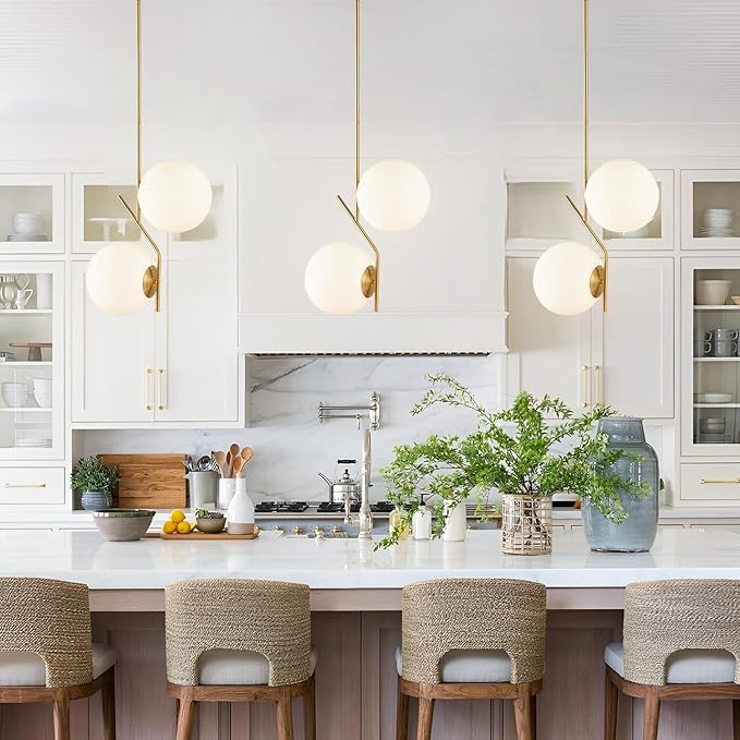 BOKT 2-Lights Large Glass Globe Pendant Light Fixture Modern Gold Pendant Lighting Mid Century Brushed Brass Pendant Light Kitchen Island White Glass Round Hanging Lighting (Large)