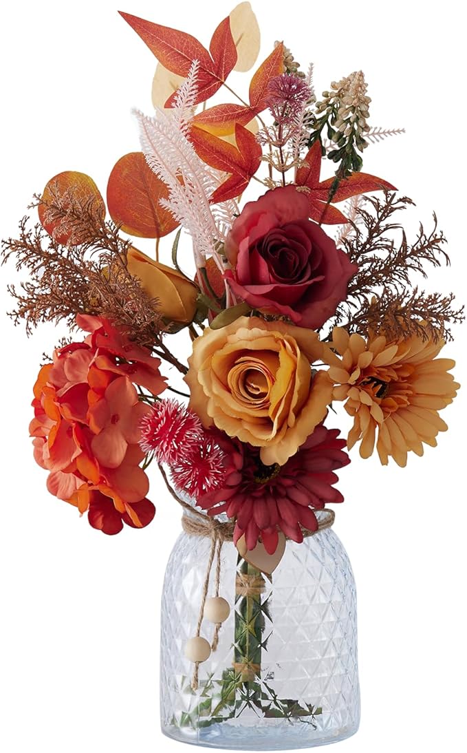 Fake Flowers with Vase Combo Orange Flowers Mix Silk Artificial Flower Gerbera, Fake Plastic Flower Bulk Decoration, Faux flower for DIY Wedding Bridal Bouquets, Floral Arrangement, Table Centerpieces