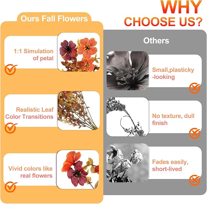 Fall Decor Artificial Flowers for Outdoor Decoration, 4Pcs Fake Hanging Flowers Mums Silk UV & Fading Resistant, Artificial Faux Plants for Home Patio Yard Garden Farmhouse Halloween