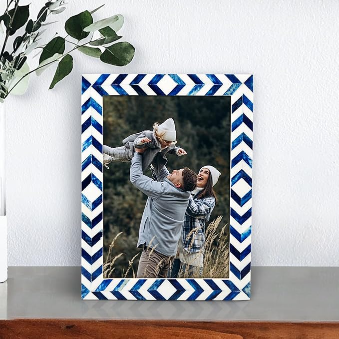 Handicrafts Home Chevron Mosaic Picture Frame – Handmade Bone Inlay 4 by 6 Photo Frame for Tabletop & Wall Decor, Home Decor, Boho Chic Coastal Farmhouse Frame, Colorful Desk & Shelf Decor- Blue White