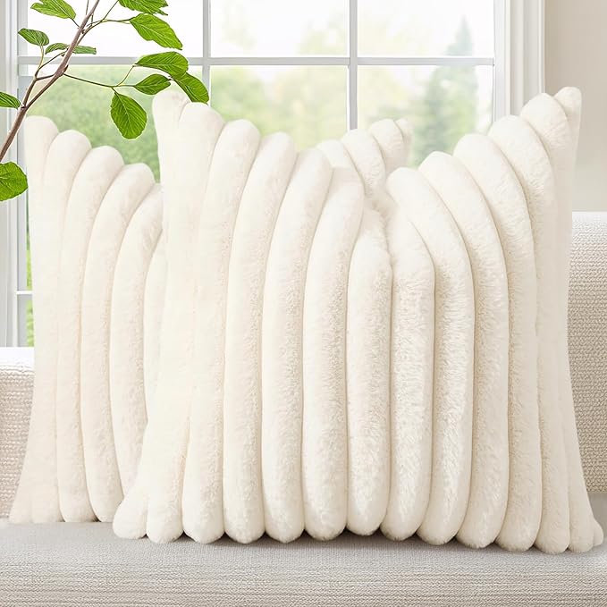 decorUhome Faux Fur Christmas Throw Pillow Covers 20x20 Set of 2, Decorative Soft Plush Striped Neutral Couch Euro Pillow Covers with Velvet Back for Sofa, Bed, Living Room Home Decor, Cream White