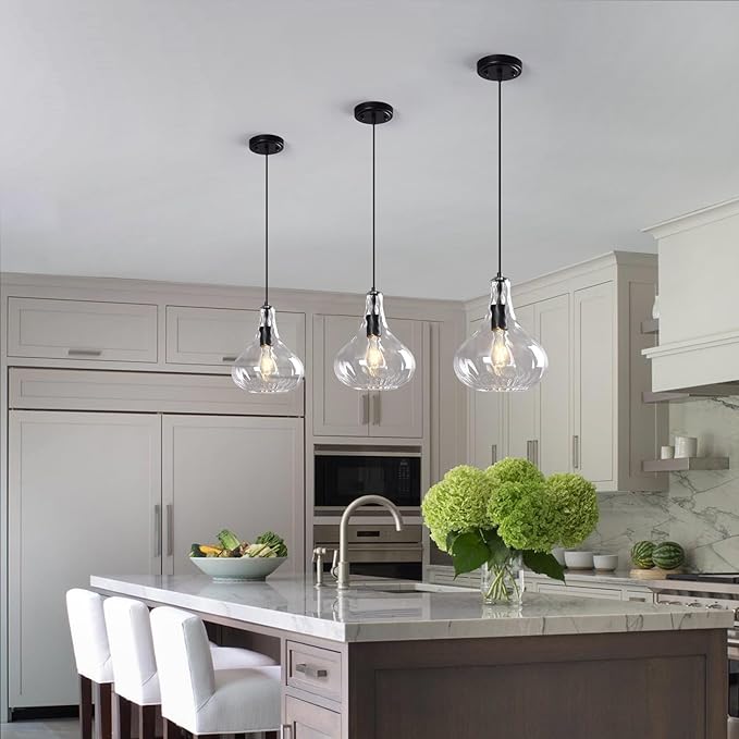 Modern Glass Pendant Light 9.44 in Clear Hammered Glass Shade Black Farmhouse Island Pendant Lights for Kitchen Pendant Lighting Over Sink Bedroom Dining Room