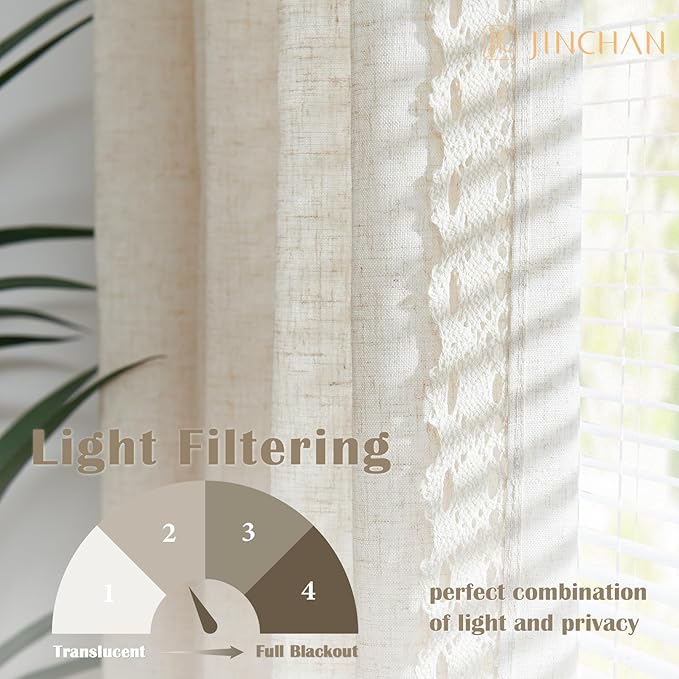 jinchan Linen Curtains for Living Room Bedroom Light Filtering Semi Sheer Curtains Boho Farmhouse French Country Cottage Core Decor Window Drapes Back Tab 90 Inch Length Laced Beige