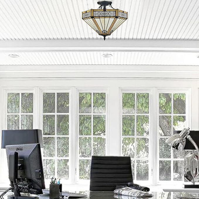 SAMTEEN Tiffany Style Semi Flush Mount Ceiling Light 3-Light Stained Glass Ceiling Light 16 Inches Tiffany Flush Mount Light Fixture for Hallway Foyer Bedroom Kitchen Living Room