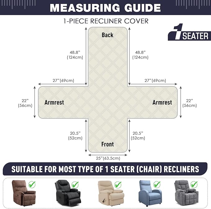 TAOCOCO 100% Waterproof Recliner Chair Covers, Non Slip Recliner Covers for Recliner Chair with Pocket, Washable Reclining Chair Cover Furniture Protector for Kids,Dogs(25'', Navy Blue)
