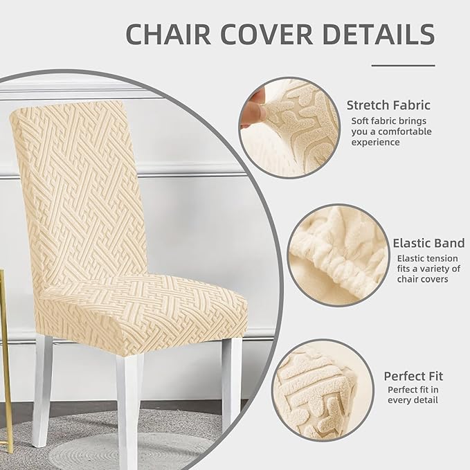 Cream White Chair Covers, Set of 6, Classic Style, Breathable, Machine Washable, For Kitchen, Hotel, Family Dining Room