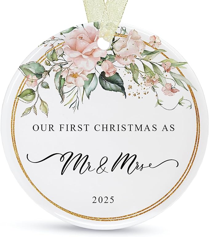 First Christmas as Mr and Mrs Ornament 2025,1st Year Wedding Ornament for Newlywed,Our First Married Christmas Ornament,Ceramic Hanging Decoration for Couples Just Married with Gift Box&Ribbon 2.9"