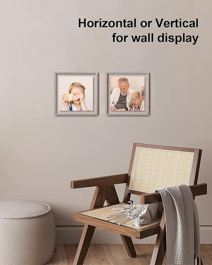 Egofine 8x8 Floating Frames Set of 2, Double Plexiglass Picture Frame, Made of Solid Wood Display Any Size Photo up to 8x8, Wall Mount or Tabletop Standing, Light Grey