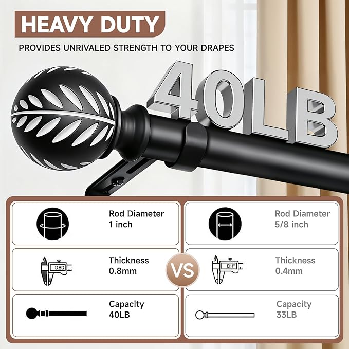 BRIOFOX Black Boho Curtain Rods for Windows 48 to 84 Inch - 1 inch Diameter Heavy Duty Curtain Rods with Imitation Wood Grain Leaf Pattern Finials,Adjustable Decorative Curtain Rods Sets,28-88''
