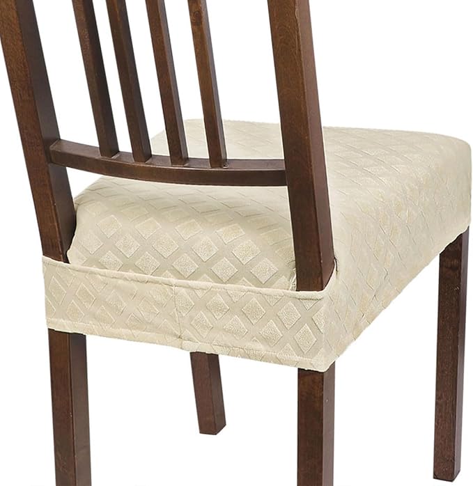 SearchI Stretch Dining Chair Seat Covers Set of 6, Soft Removable Washable Seat Covers for Dining Chairs, Dining Room Seat Cover Slipcover Protector (Rear-Covered, Beige Diamond Jacquard)