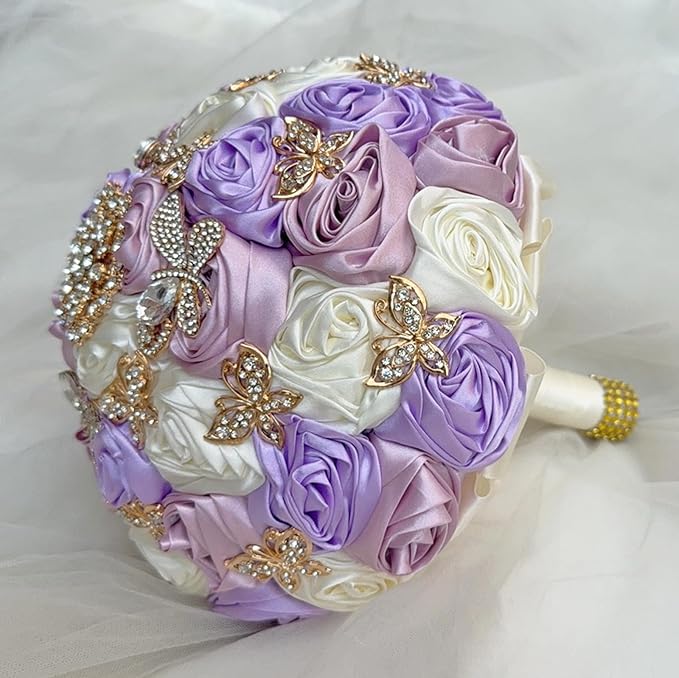 Handmade Floral Satin Rose Butterfly Shape Rhinestone Bridal Bouquet Luxury Golden Rhinestone Artificial Flowers for Wedding