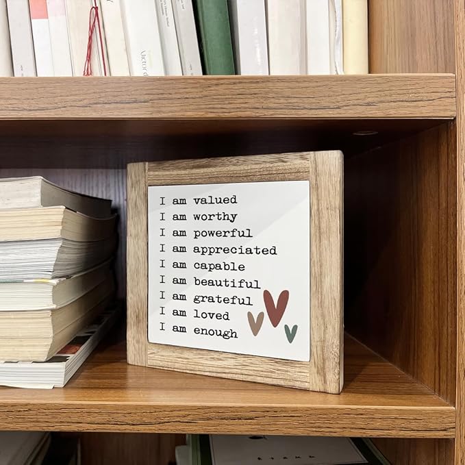 Inspirational Positive Wood Block Sign, Desk Decorations for Home Women Girl Room Office, Shelf Table Decor Art, Mental Health Gift for Women Men Self, I am Valued Worthy Powerful Signs D841