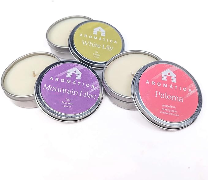 Bluecorn Aromática Scented Candle Sample Set, 7 Clean Burn Coconut Wax Tins, Mountain Lilac, White Lily, Paloma, The Woodsy, Artemisa, La Mesa & Arroyo, Small Candles for Home Decor & Gifts, 2.75 Oz