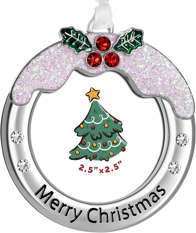 Christmas Tree Ornament - Decorative Hanging 2025 Holiday Keepsake Gift Pendant with 2.5X2.5 Inch Photo Frame Insert for Picture of Pet(Circle-Snow)