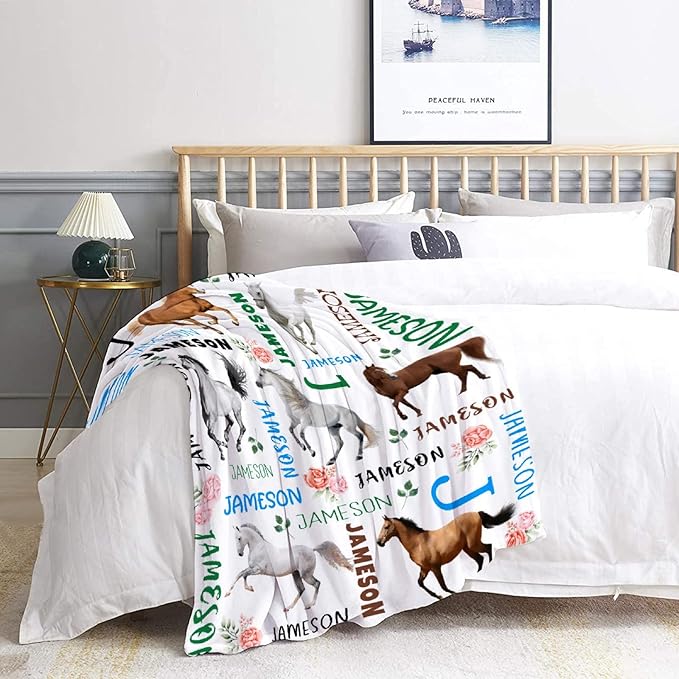 Custom Personalized Name Blanket with Floral, Ultra Soft, King Size for Horse Lovers