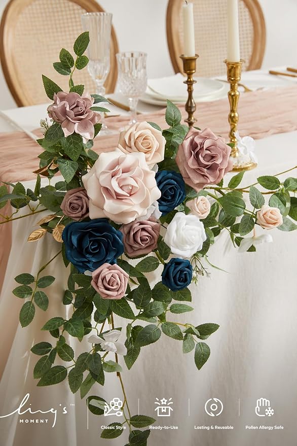 Ling's moment 2PCS Navy Blue Artificial Flower Garland Wedding Arch Flowers Floral Swags Table Centerpieces Dusty Rose Arrangements for Sweetheart Table Easel Wall Entryway Board Backdrop Decor