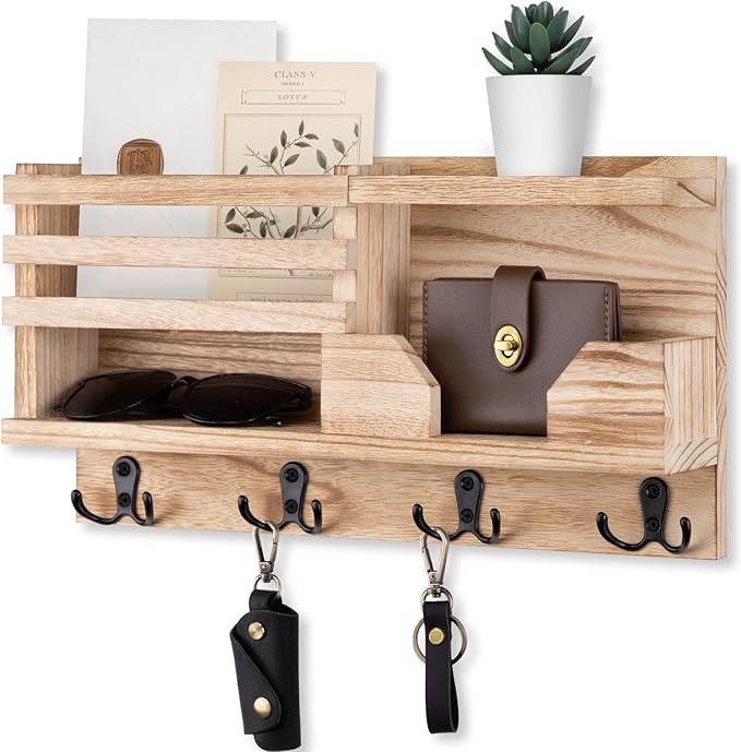 Mail and Key Holder for Wall – Decorative 15.9” x 8.7” x 3.2” Entryway Organizer with Shelf – Paulownia Wood with 4 Dual Hooks Includes Mounting Hardware and Installation Guide (Wood)