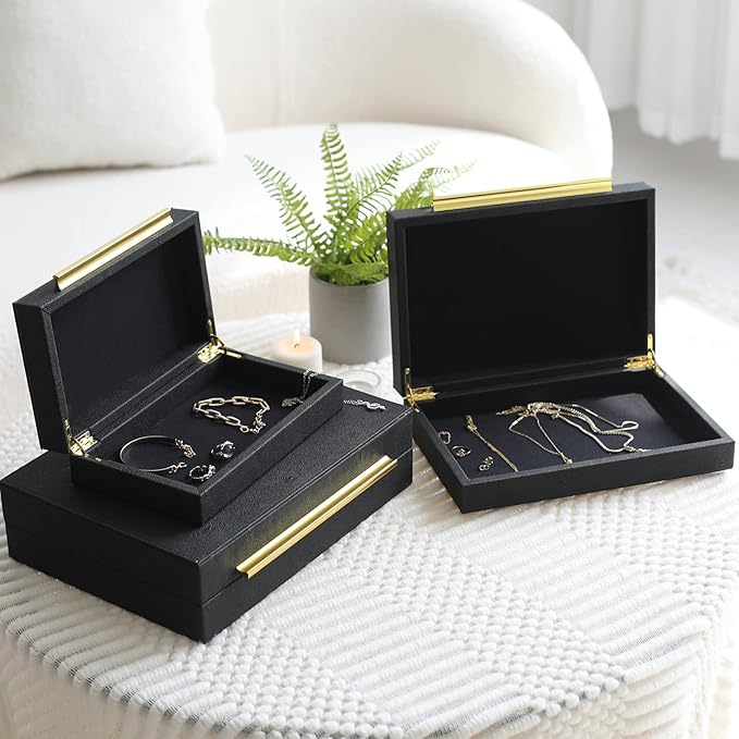 Faux Shagreen Decorative Storage Boxes – Set of 3 Stackable Jewelry Organizers with Gold Metal Handles & Velvet Lining, Modern Black Box for Vanity, Entryway & Coffee Table Décor